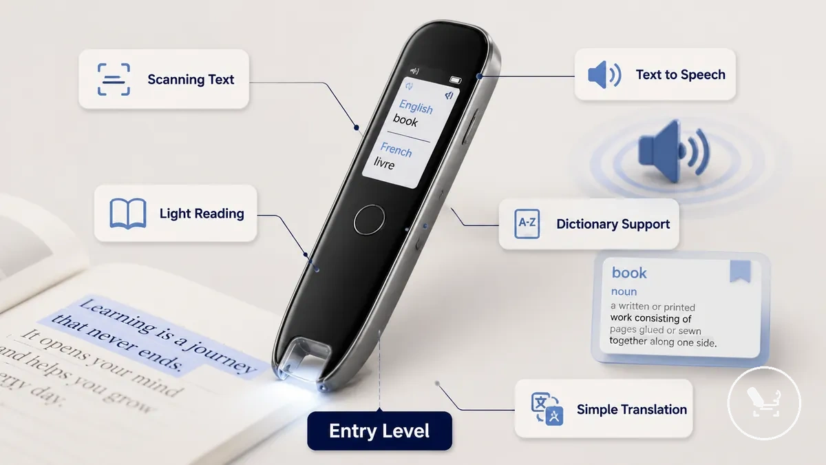 Grundlegender Übersetzungsstift beim Scannen von Text mit Text-to-Speech-Funktionsbeschriftungen.