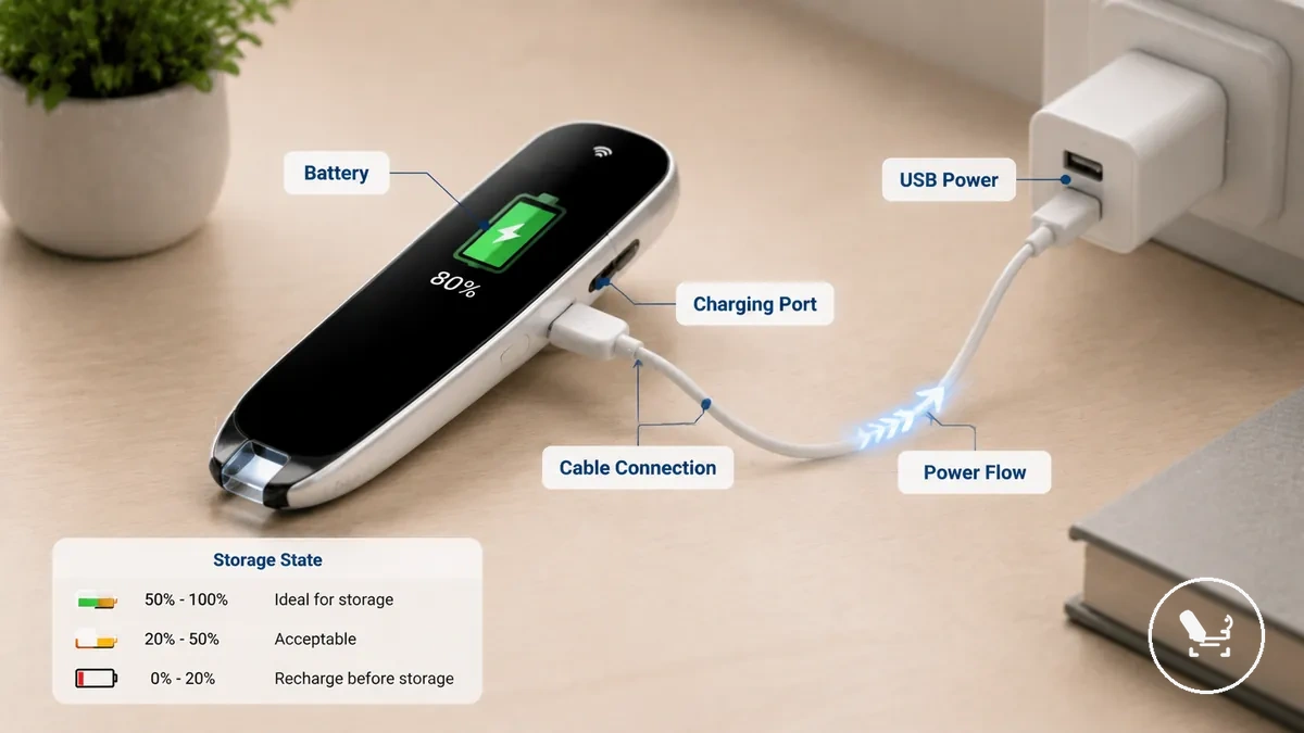 Beschriftetes Diagramm des Ladeanschlusses, Kabels und der USB-Stromquelle eines Übersetzungsstifts