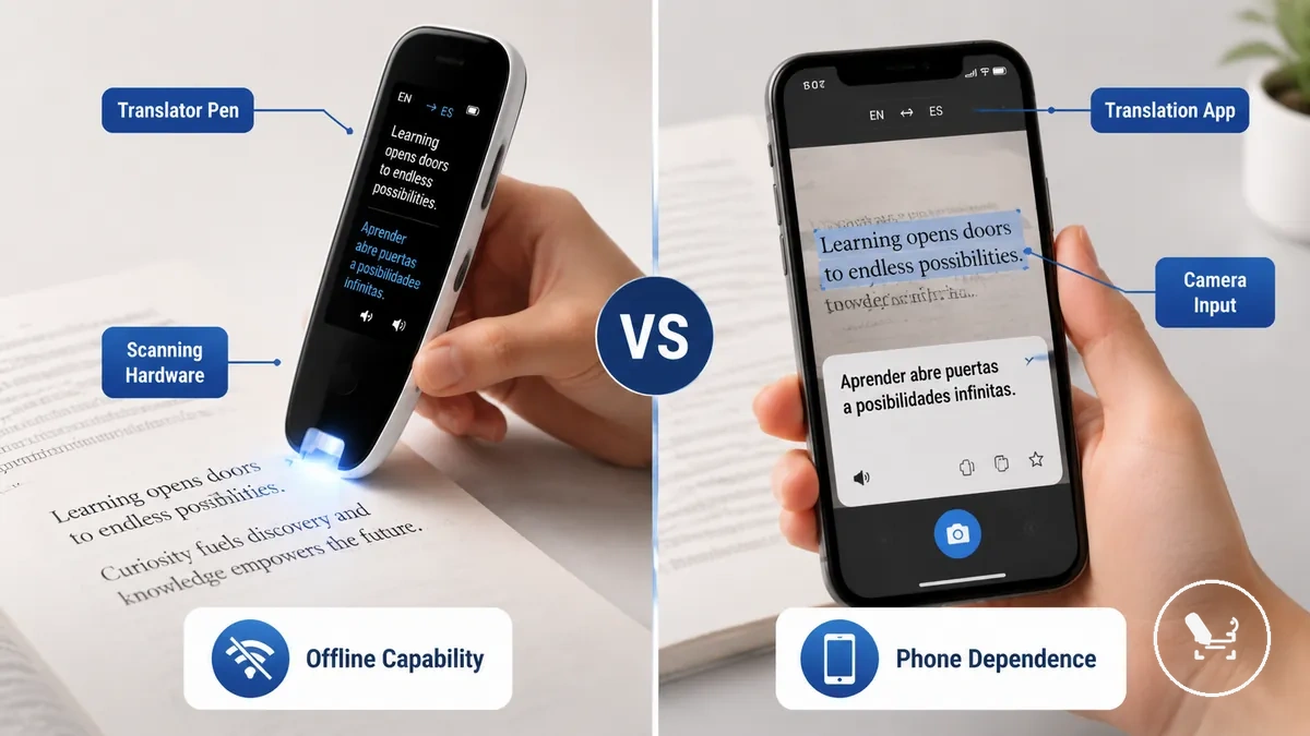 Translator pen and smartphone translation app shown side by side to compare device and software formats