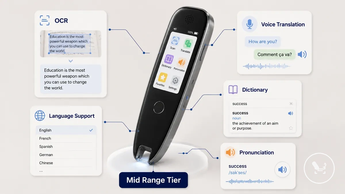 Diagram of mid-range translator pen features including OCR, voice translation, and language support.