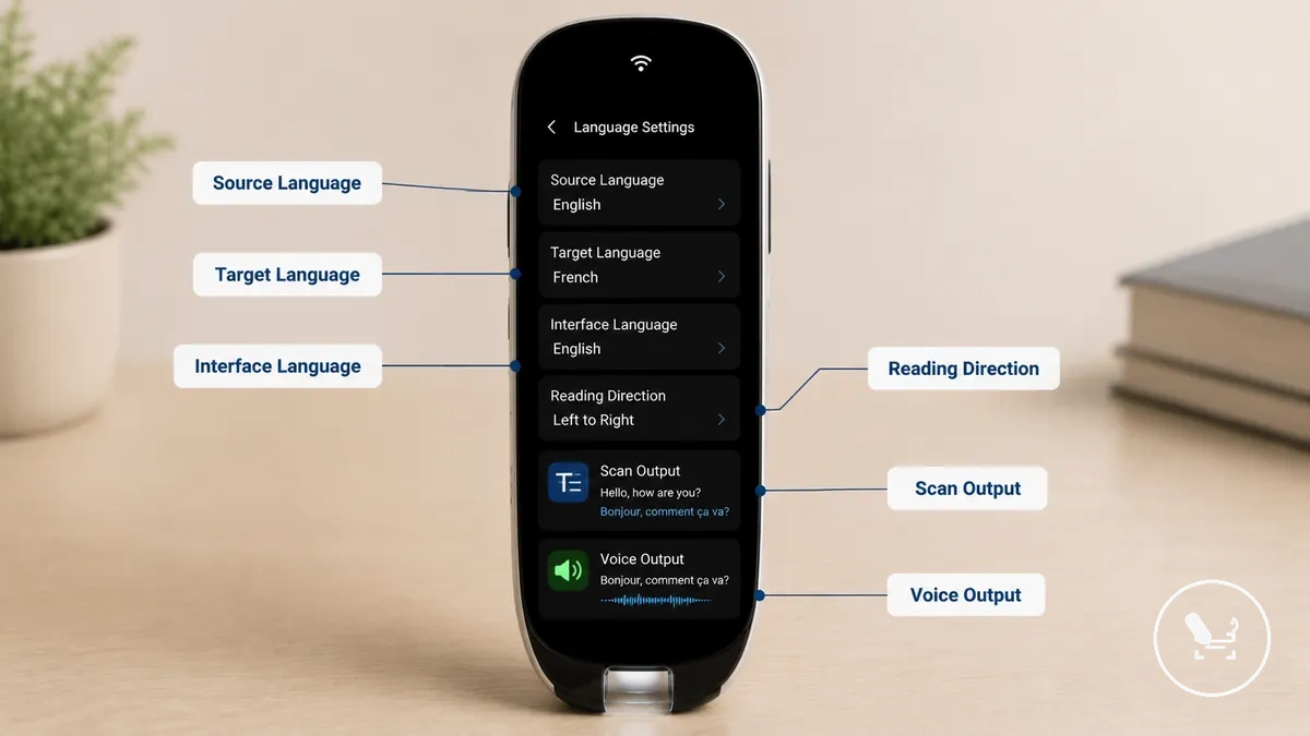 Translator pen language settings screen showing source language target language and interface language options