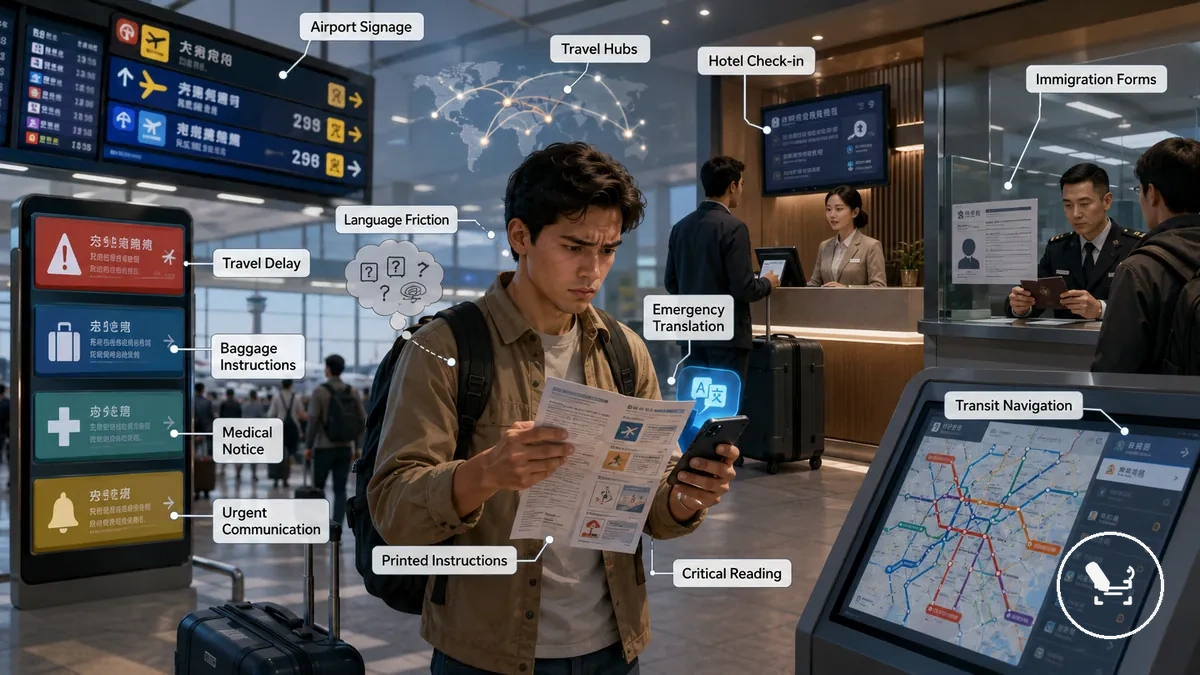 Emergency travel situations showing urgent translation needs across airport and transit instructions