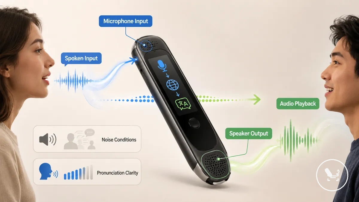 translator pen voice translation diagram showing microphone input and speaker playback