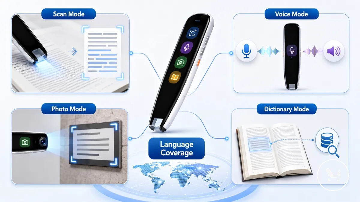 annotated translator pen modes showing scan voice photo and dictionary language coverage