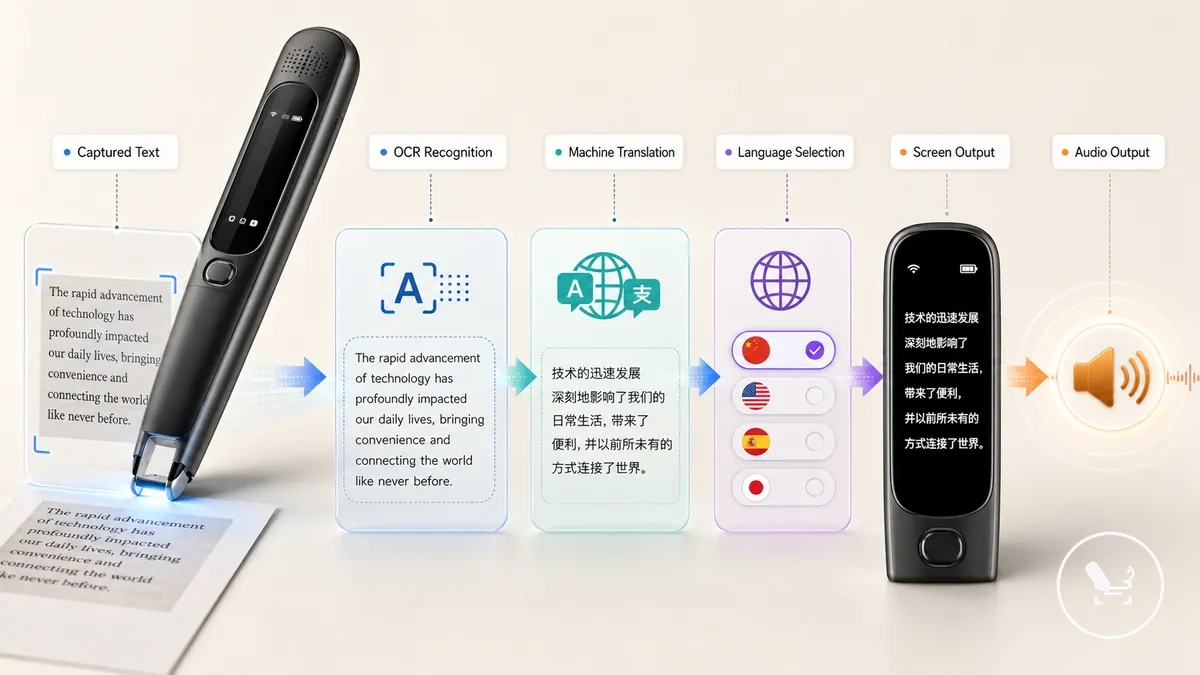 Diagrama que muestra el reconocimiento OCR, la traducción automática y la salida en pantalla en un bolígrafo traductor