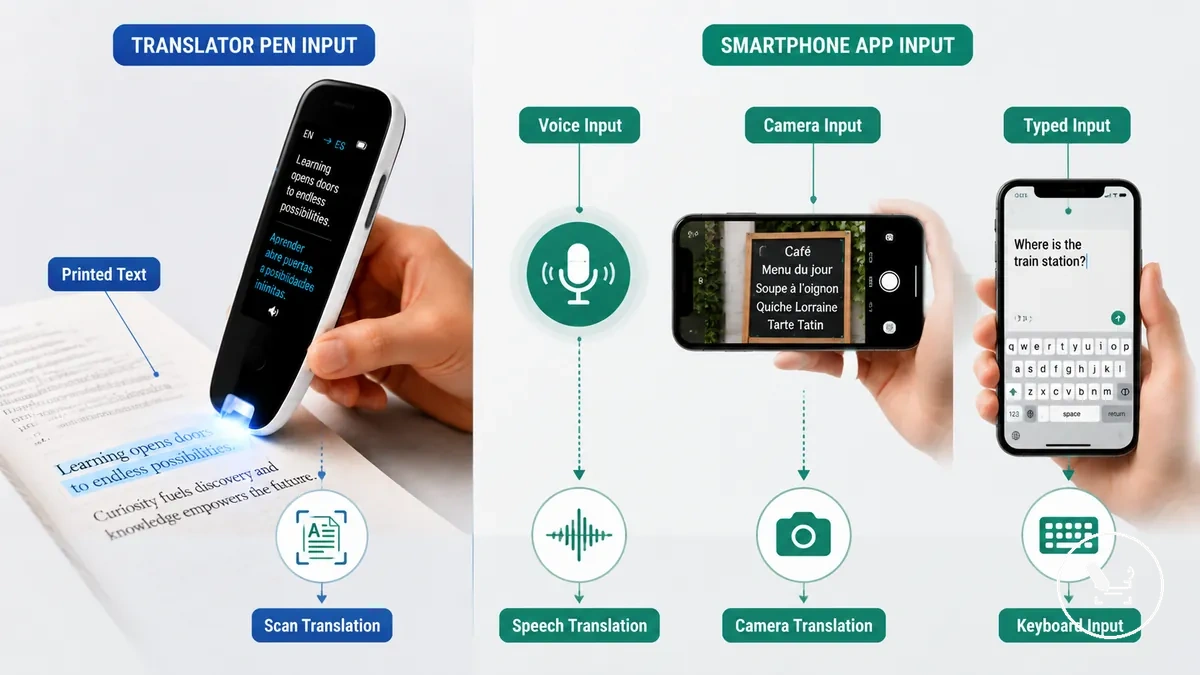 Diagrama que muestra los métodos de entrada de texto impreso, voz, cámara y entrada escrita para bolígrafos traductores y apps de traducción