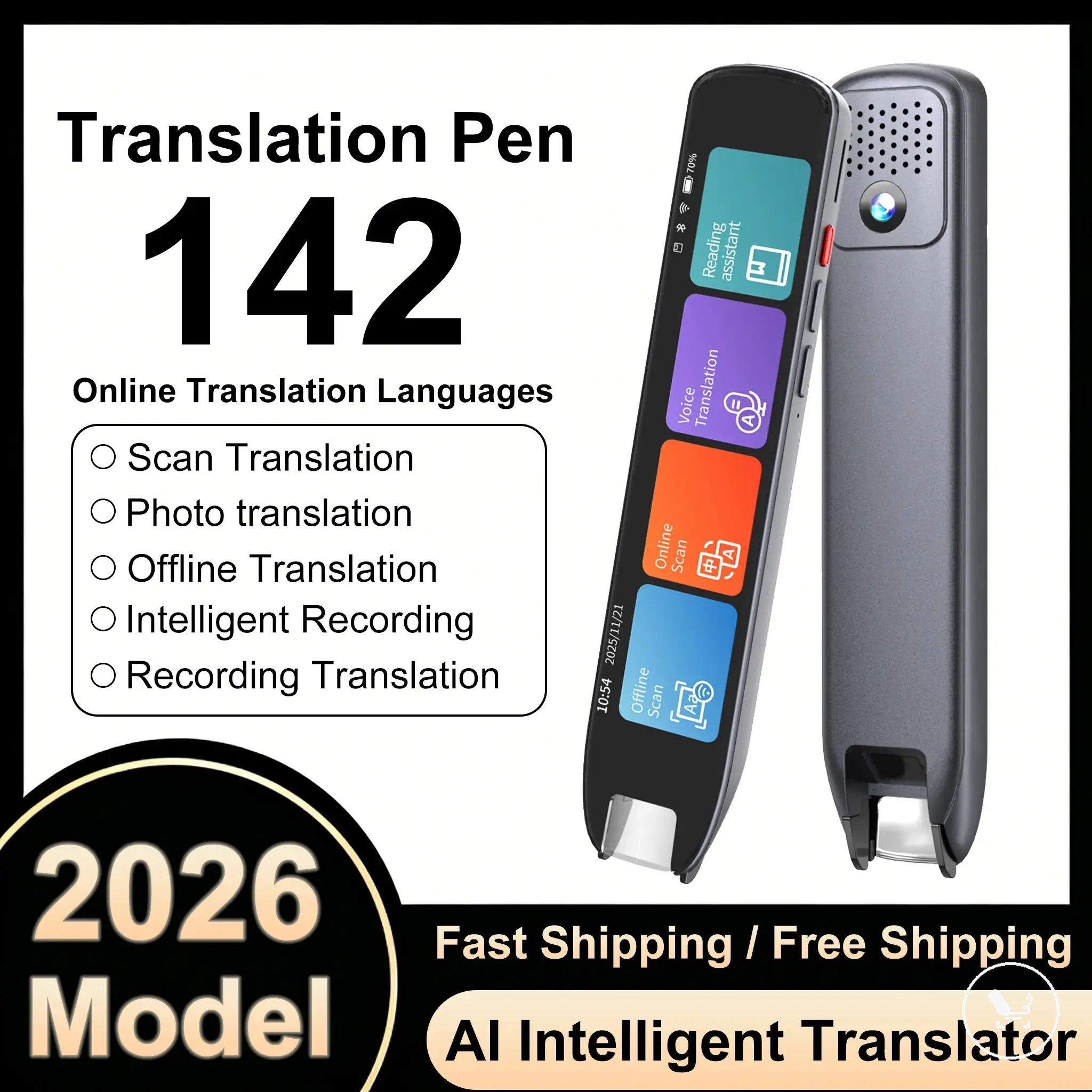 Stylo traducteur hors ligne avec lecture, synthèse vocale, enregistrement et traduction vocale pour les voyages.