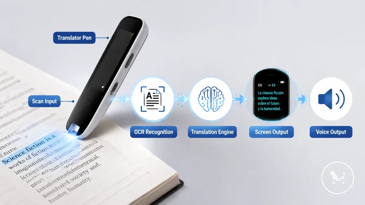 Stylo traducteur numérisant du texte imprimé avec reconnaissance OCR et sortie de traduction sur écran