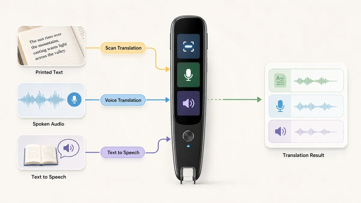 graphique des fonctions du stylo traducteur comparant la traduction par scan, la traduction vocale et la synthèse vocale