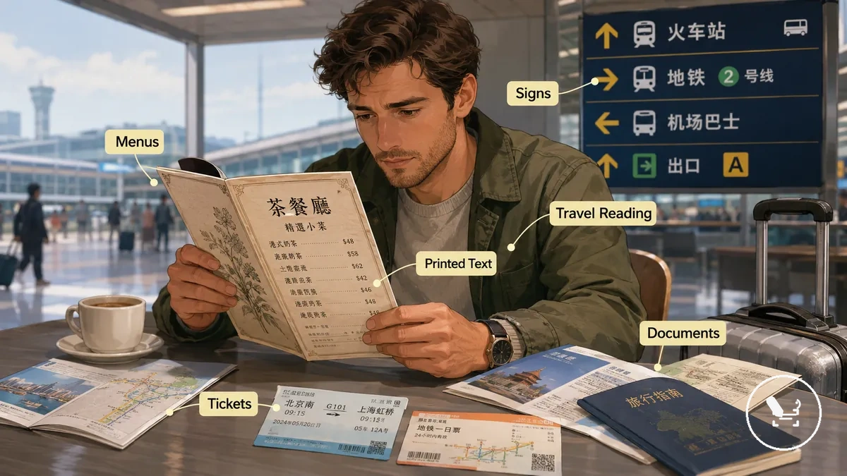 Scénarios de lecture en voyage montrant des menus, des billets, des panneaux et des brochures avec du texte imprimé étranger