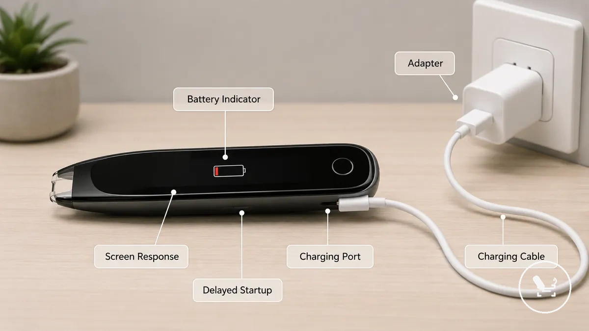 Stylo traducteur connecté à un câble de charge avec indicateurs de batterie et de réponse d alimentation