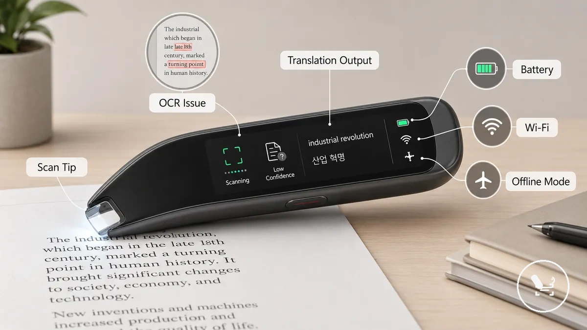Stylo traducteur avec symptômes de panne de scan, batterie et connexion identifiés