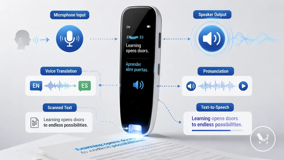 Fonctions de traduction vocale et de synthèse vocale dans un stylo traducteur montrant le flux d entrée et de sortie audio