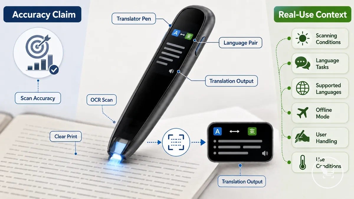 Diagrama separando a precisão do escaneamento da precisão da tradução em uma caneta tradutora