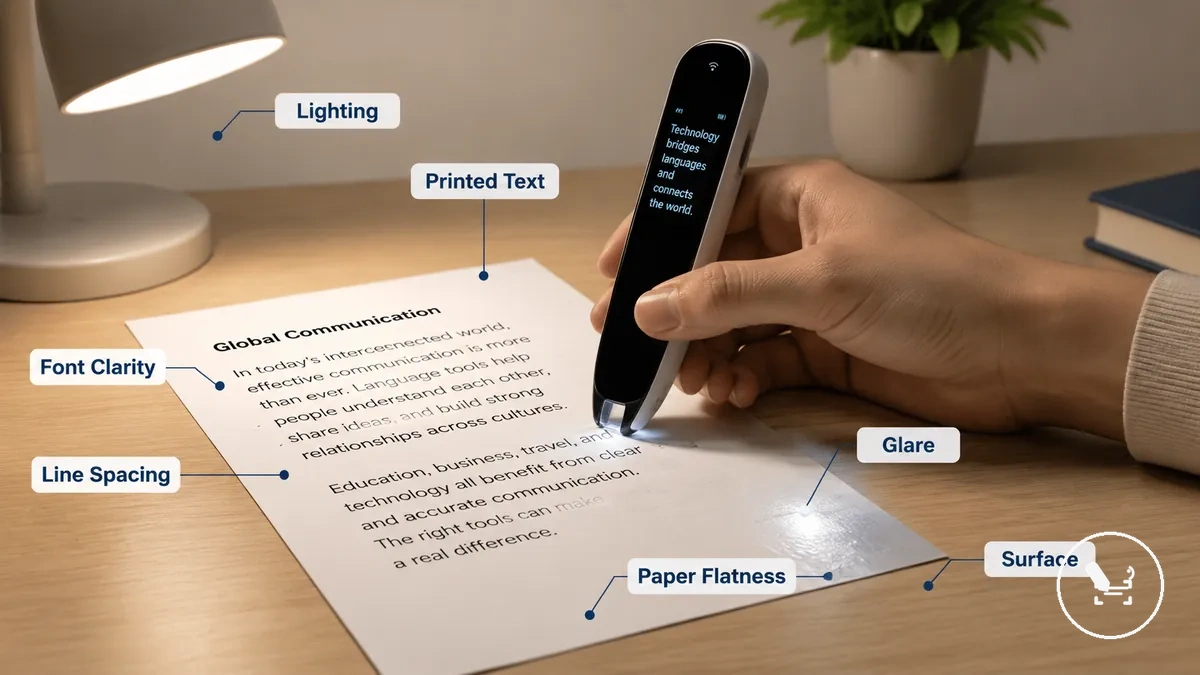 Condições de digitalização de texto impresso mostrando iluminação, planura da superfície e clareza do texto para uso da caneta tradutora