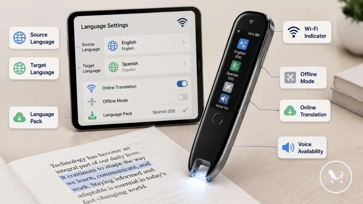 Çeviri kalemi dil ve bağlantı hazırlığı: Wi-Fi, çevrimdışı mod ve dil seçimi